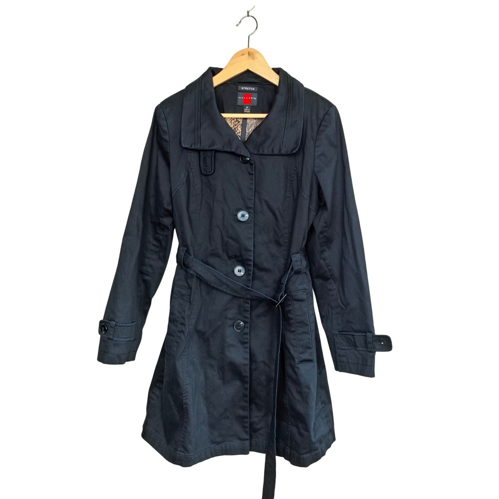 Gallery Women's Black Trench Coat Cotton‎ Stretch Animal Print Lining Size M